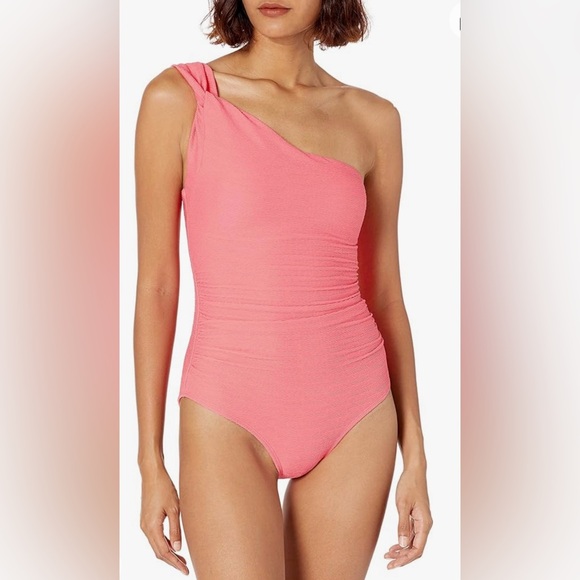 NWOT Anne Cole One Shoulder Twist One Piece Bathing Suit, Salmon Pink, Size 14 - Picture 1 of 8